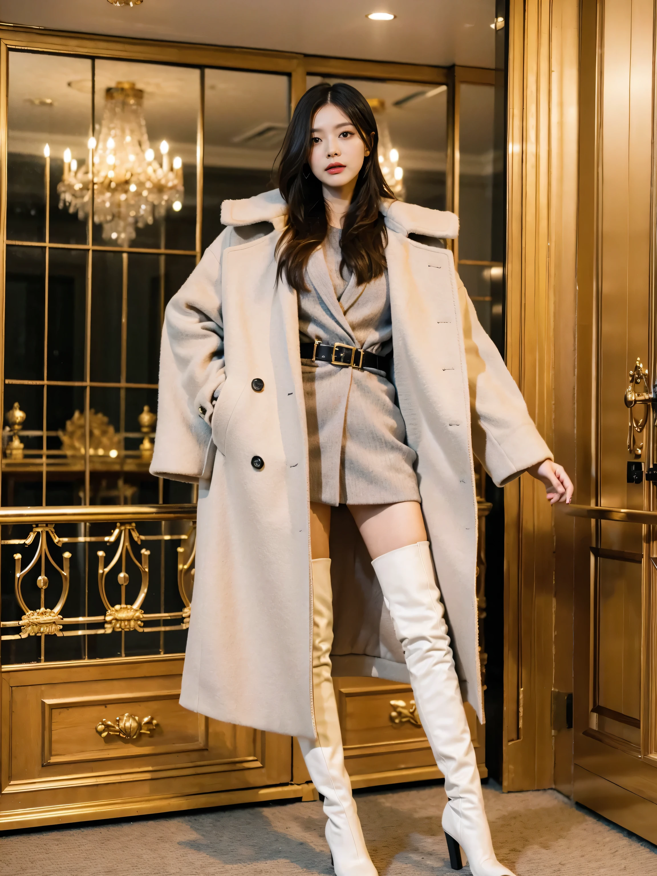 Best quality at best,tmasterpiece,超高分辨率,(actual:1.4),RAW photogr,hyper HD,8K,There is one girl,Stylish clothes,Chanel style,Stylish skinny suit, Long coat,high-class fashion,ellegance, tigh-high boots,Over-the-knee boots,Casual pose,legs long