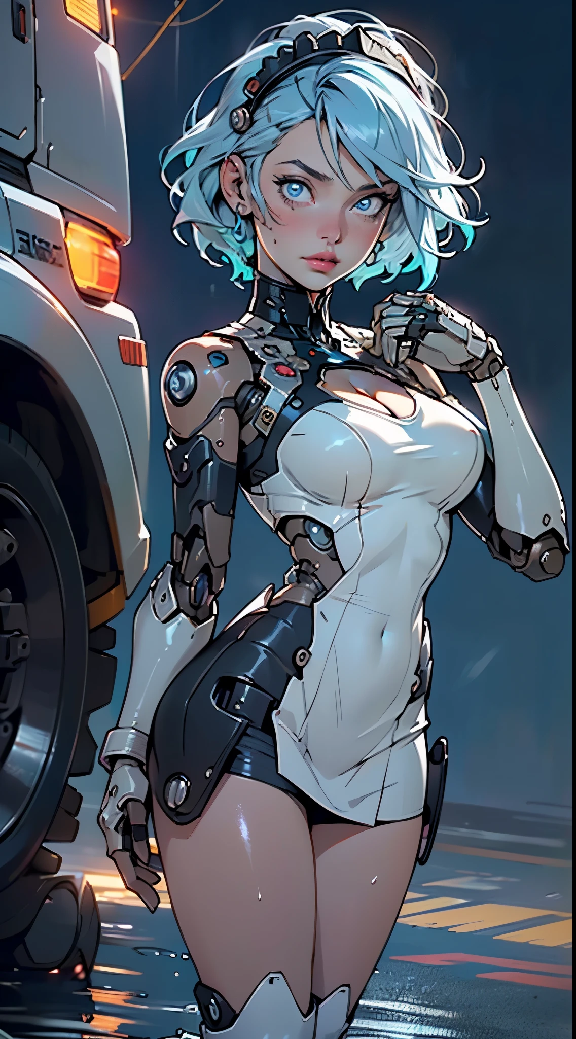 (cyborg girl),(cyborg girl:1.5),maid android,((1girl)),((mechanical robot girl with extremely cute and beautiful pale blue hair)),
(large breasts:1.4),saggy breasts,(((pale blue bob hair:1.35,colored inner hair,short hair,ear breathing))),(((doll))),((pale white skin,doll joints:1.5,mechanical hands:1.5)),((silver armored dress,tesla coils)),((maid mechanical doll:1.5,body of a machine:1.5,metallic skin,ball joint,cyborg:1.5, robotic parts:1.5,robot:1.5,mechanical joints: 1.4,mechanical limbs)),(((pale_blue_eyes:1.3))),intricate eyes,beautiful detailed eyes,symmetrical eyes,((fat)),(((lustrous skin:1.5,bright skin: 1.5,shiny skin,very shiny skin,shiny body,plastic glitter skin,exaggerated shiny skin,illuminated skin,wet legs))),(spider lower abdomen,narrow waist,wide hip,detailed body,(detailed face)),
cute,slutty,seductive,erotic,((nsfw)),
(maid headdress),bare_shoulders,delicate metal decorations,Headdress,(maid),sleeveless,miniskirt,boots,cleavage_cutout,bare_legs,((wet clothes,intricate outfit,intricate clothes,intricate details)),
(dynamic pose:1.0),embarrassed,(centered,scale to fit dimensions,Rule of thirds),
cyberpunk city by the ocean at night, with bright neon signs and dark stormy clouds and puddles, scenery:1.25,nighttime, starry night, cosmos,Very dark night that makes the neon lights stand out, very bright neon lights,nighttime, starry night, cosmos,,
artistic photography,(photography taken by sldr),highres, sharp focus,(ultra detailed, extremely detailed), (photorealistic artwork:1.37),(extremely detailed CG unity 8k wallpaper),((synthwave background theme)),(((vibrant colors))),intricate,(intricate background),(masterpiece),(best quality),perfect rendered face,perfect face details,realistic face,photo realistic,analog style,((intricate detail)),(((realism))),