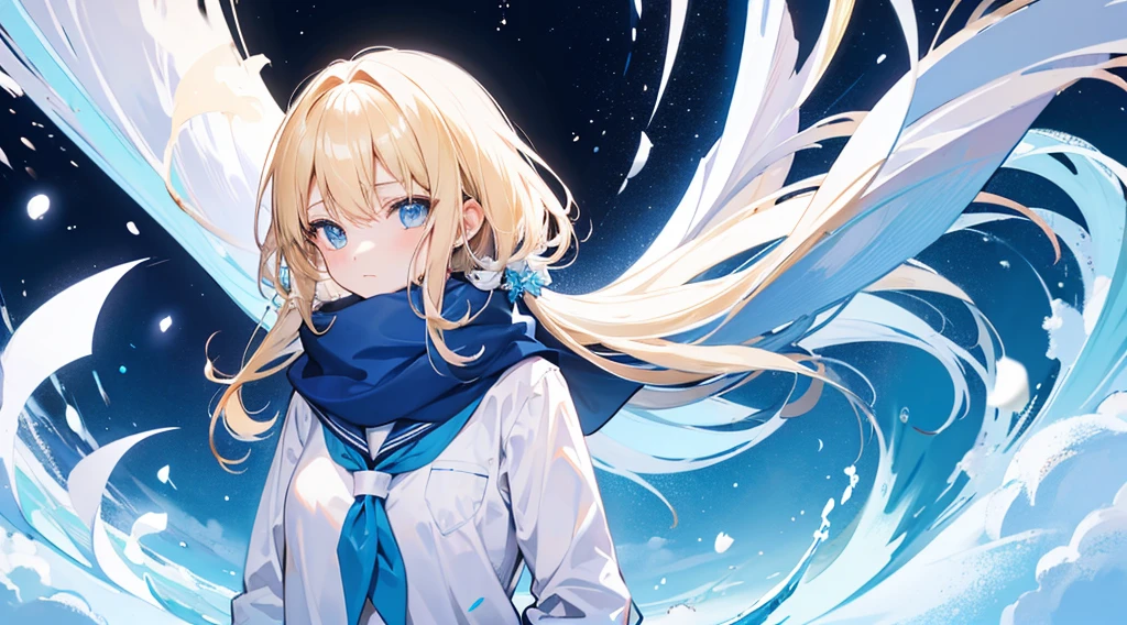 (1 girl, blonde hair, blue eyes, school uniform, white coat, blue scarf, kawaii), (snowing, blue moon, white flower field, clear air), (low contrast, flat color, limited palette)