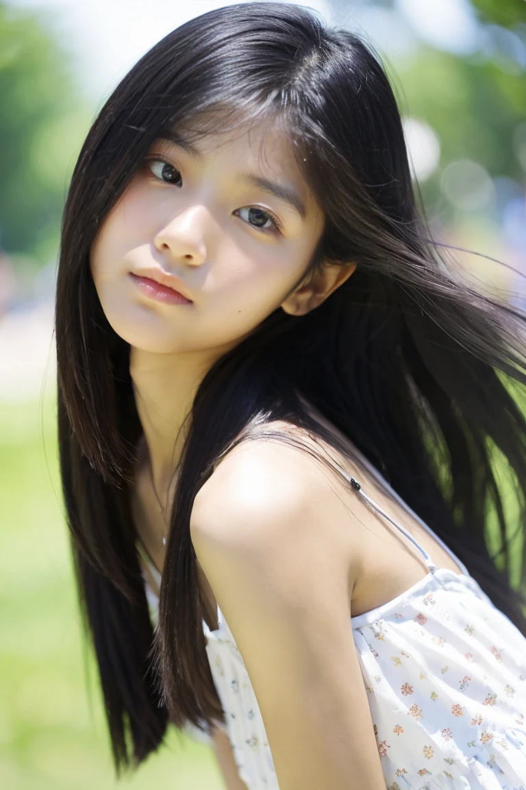 early summer、Two beautiful girls、sixteen years old、serious facial expression、Black hair straight long hair、White summer dress、