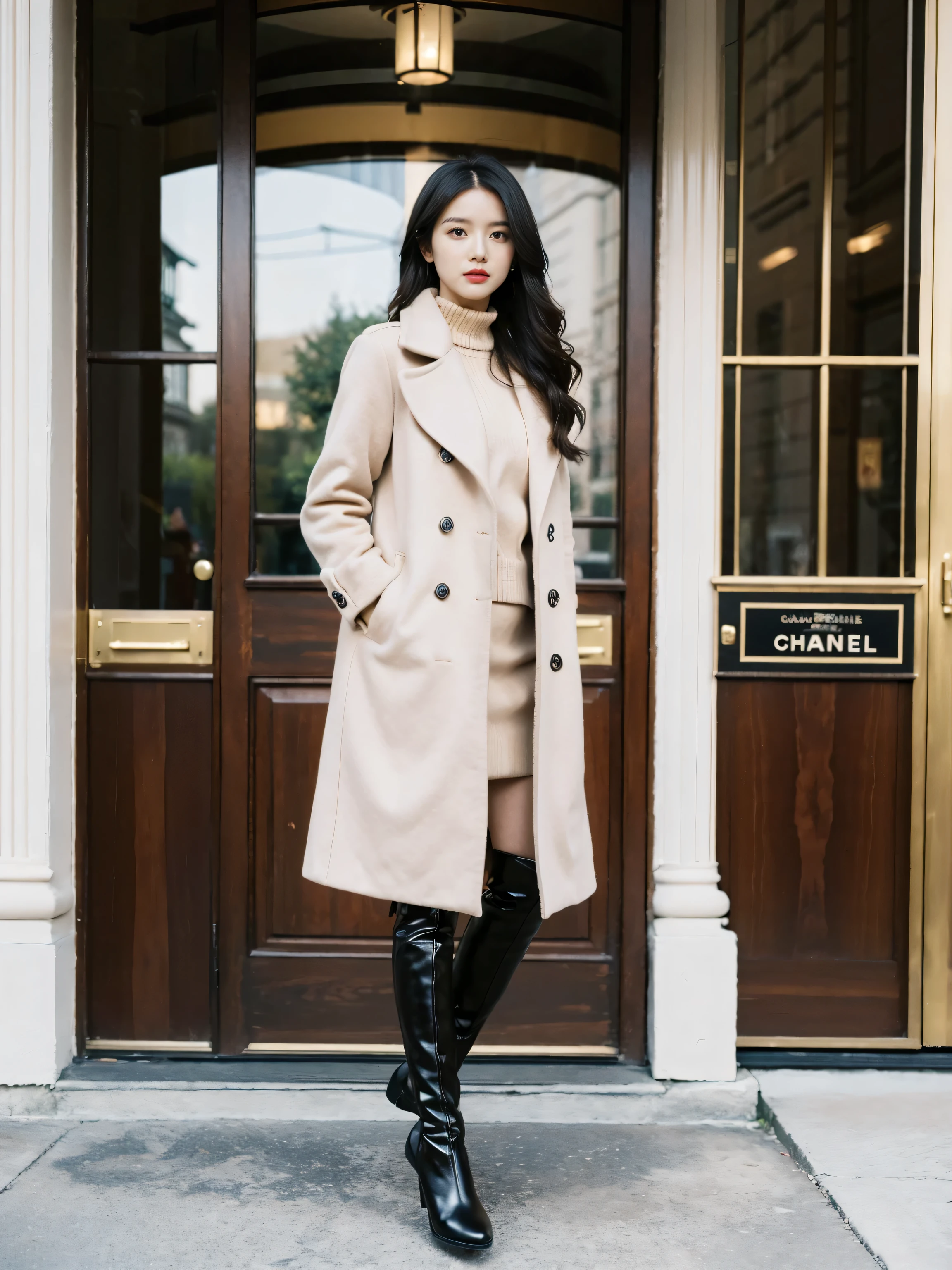 Best quality at best,tmasterpiece,超高分辨率,(actual:1.4),RAW photogr,hyper HD，8K，There is one girl，Stylish clothes,Chanel style，Stylish skinny suit, Long coat，high-class fashion，ellegance, tigh-high boots，Over-the-knee boots，Casual pose，legs long