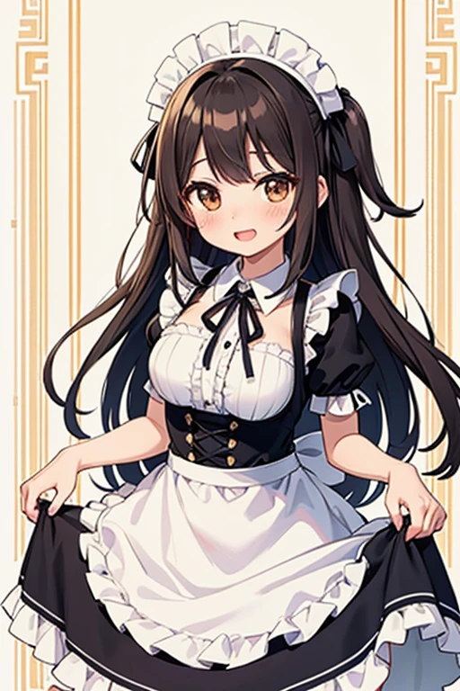 masterpiece, top quality, best quality, official art, beautiful and aesthetic, 1girl, shimamura uzuki, solo, brown hair, long hair, apron, maid, smile, short sleeves, open mouth, maid headdress, ribbon, frills, looking at viewer, one side up, ribbon trim, brown eyes, white apron, puffy sleeves, dress, blush, enmaided, black ribbon, puffy short sleeves, neck ribbon, skirt hold, alternate costume, maid apron, frilled apron, bangs, black dress, wing collar, floating hair, collared dress, breasts, swept bangs, tareme, medium breasts, standing, shiny hair, ribbon-trimmed sleeves,indoor, extreme detailed,highest detailed, optical mixing, playful patterns, lively texture, unique visual effect,