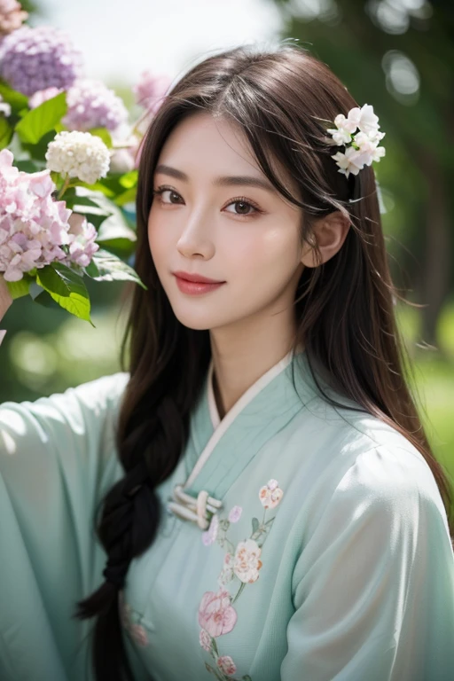 Masterpiece, best, night, full moon, 1 female, mature woman, Chinese style, ancient China, elder sister, royal sister, smile, dark brown hair, dark hair, princess cut, braid, curly hair, double ball head, pale pink Lips, calm, intellectual, medium hair, green pupils, hairpin, hydrangea, delicate face, face close-up, hand close-up