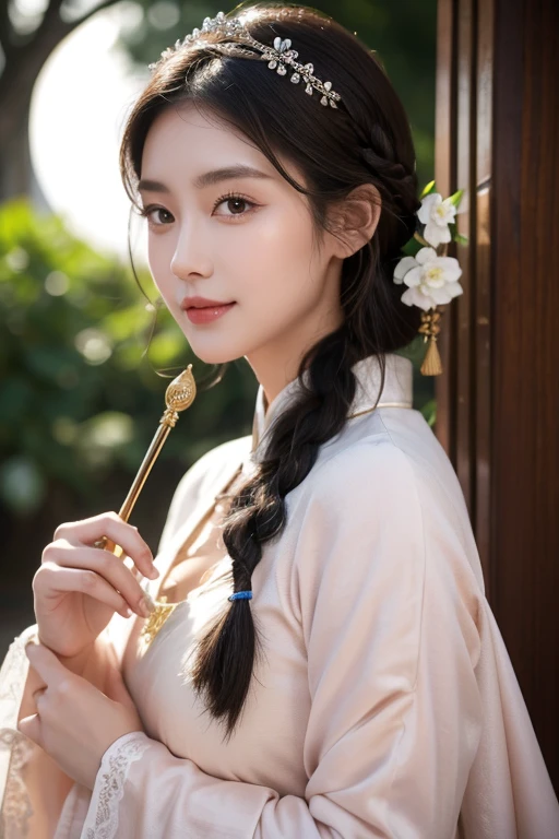 Masterpiece, best, night, full moon, 1 female, mature woman, Chinese style, ancient China, elder sister, royal sister, smile, dark brown hair, dark hair, princess cut, braid, curly hair, double ball head, pale pink Lips, calm, intellectual, medium hair, green pupils, hairpin, hydrangea, delicate face, face close-up, hand close-up