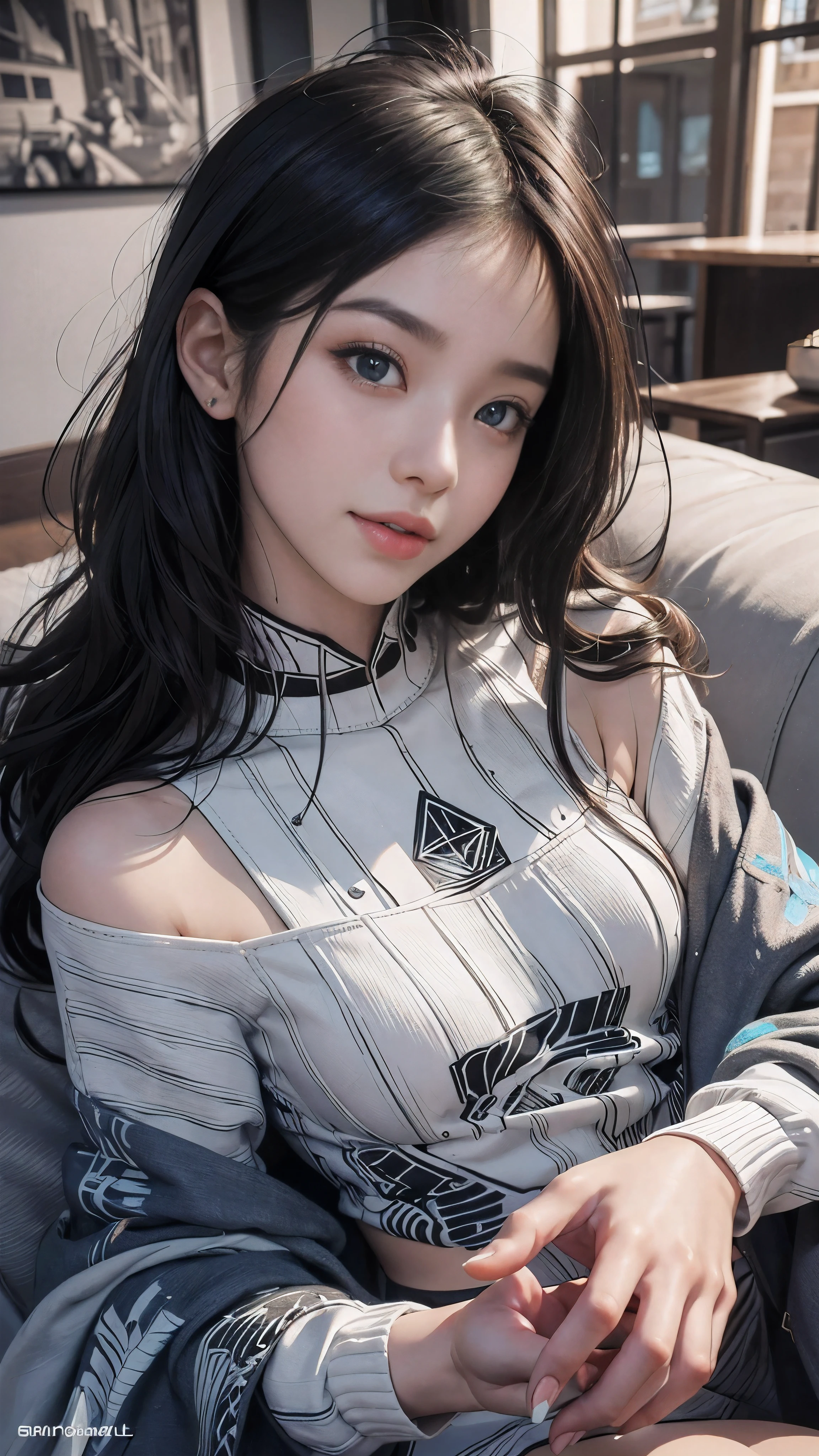 (Realistic:1.8), (Digital art:0.2), (Geometrical art, official art, beautiful and aesthetic, ultra detailed, beautiful, masterpiece, best quality:1.6), (1girl:1.2), Detailed face, Detailed eyes, Detailed hair, young fingers, Detailed fingers, five fingers, sitting,
_
BREAK cute ig model, Japanese cute model, 22 years old, Tightened all body, small head, small face, small mouth, diamond Face, small nose, Sharp Faceline, (dropy eyes, Double eyelid, Light color eyes, Glossy eyes, Shiny eyes:1.2), Shiny skin, colorful hair, shiny hair, 
_
BREAK (happy, smile, Teeth, Glossy Lips), beautiful Teeth, (upper body:1.5), from front,
_
BREAK (oversize, Monotone paint sweatshirt:1.2), body paint, (Monotone Enamel Sneakers:1.2),