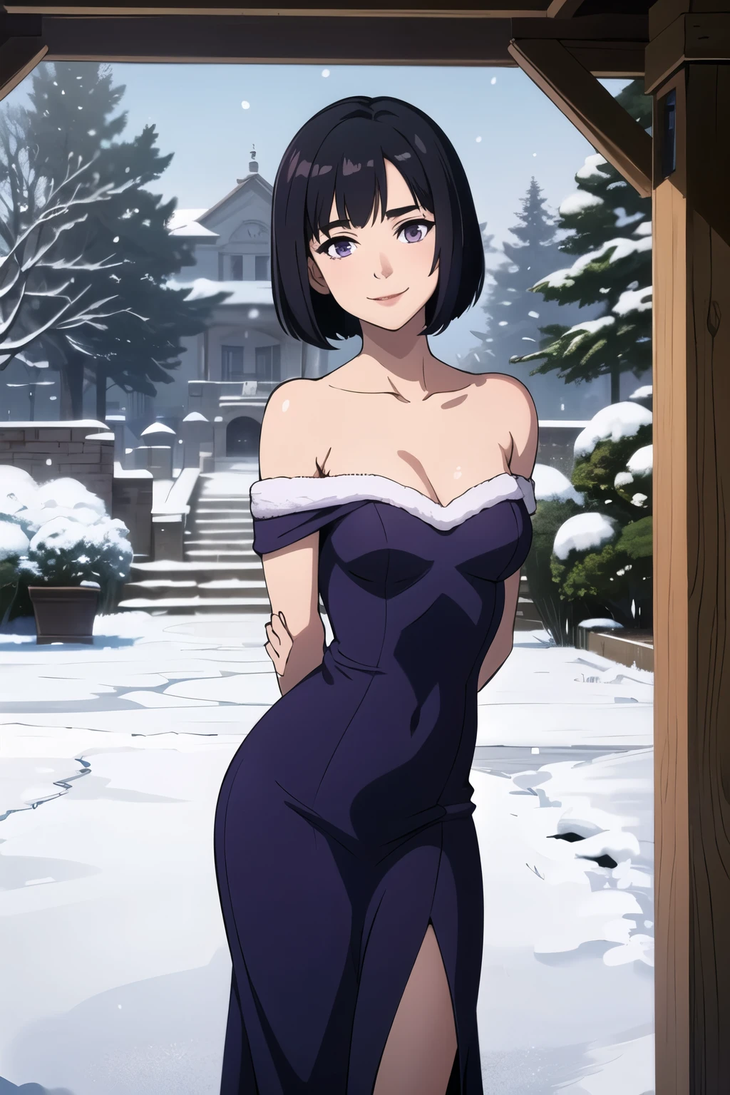 Best quality, masterpiece, r, Hotaru Tomoe, Short Hair, Black Hair, Bob Hair, Bob Haircut, Purple Eyes, Smile, Bare Neck, Bare Arms, Bare Shoulders, Purple Dress, Strapless Purple Dress, Lace Off-shoulder top, Ruffle Off-the-Shoulder Top, Maxi Dress, Outside the Mansion, Looking at You, daytime, garden background, inside the gazebo, snow on the ground, Christmas, standing up, arms behind back, (winter:1.2), pov