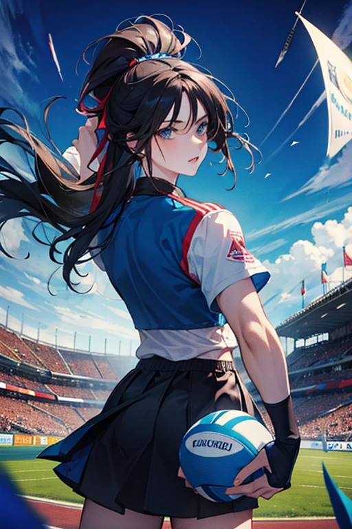 26 years old man, playing rugby with his playing uniform, have a  inflated oval ball used in playing rugby, deep blue long hair with beautiful ponytail, sharp blue eyes, handsome, passing the inflated oval ball used in playing rugby, at a stadium, fearless smile