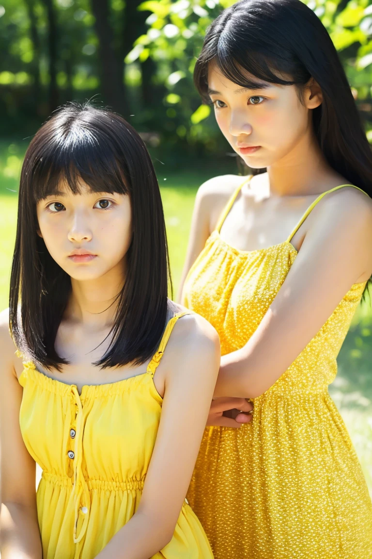early summer、Two beautiful girls、sixteen years old、serious facial expression、Black hair straight long hair、Yellow summer dress、