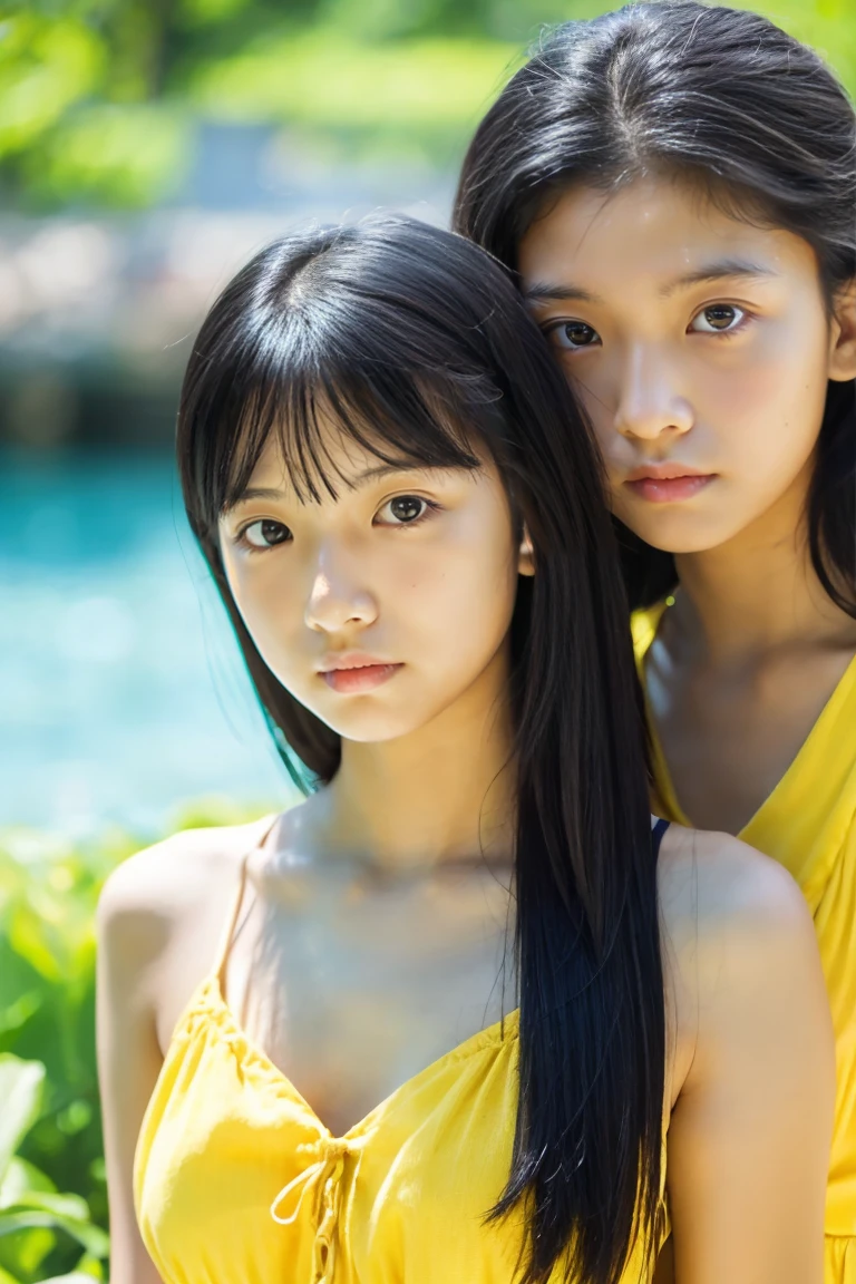 early summer、Two beautiful girls、sixteen years old、serious facial expression、Black hair straight long hair、Yellow summer dress、