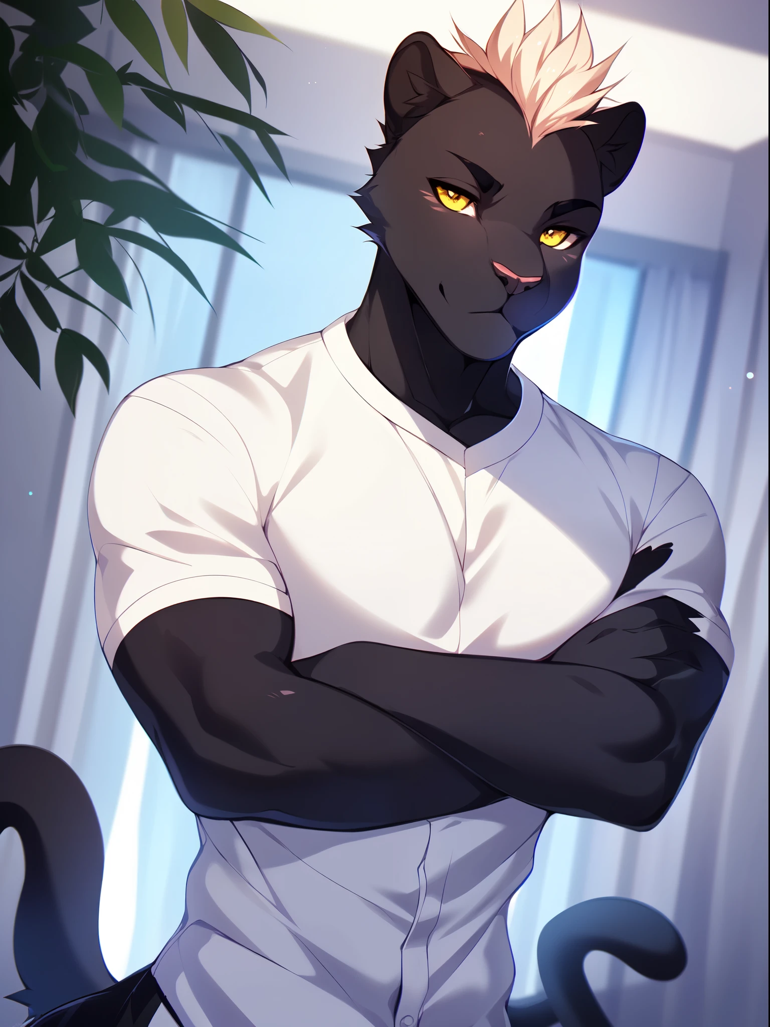 Solo, male, a cute grey anthro furry panther boy, a single panther tail, muscular, white spiky faux hawk hair, yellow eyes, by fumiko, by hyattlen, by zackary911, indoors, tight white shirt, standing, close up, portrait, buff