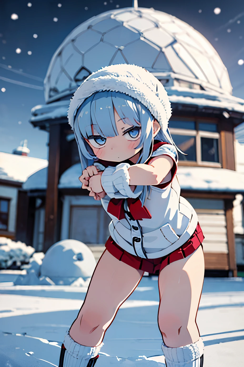 ((A girl doing bending exercises in front of a snow-covered dome house))、Snowman on background、Stronger bokeh effect