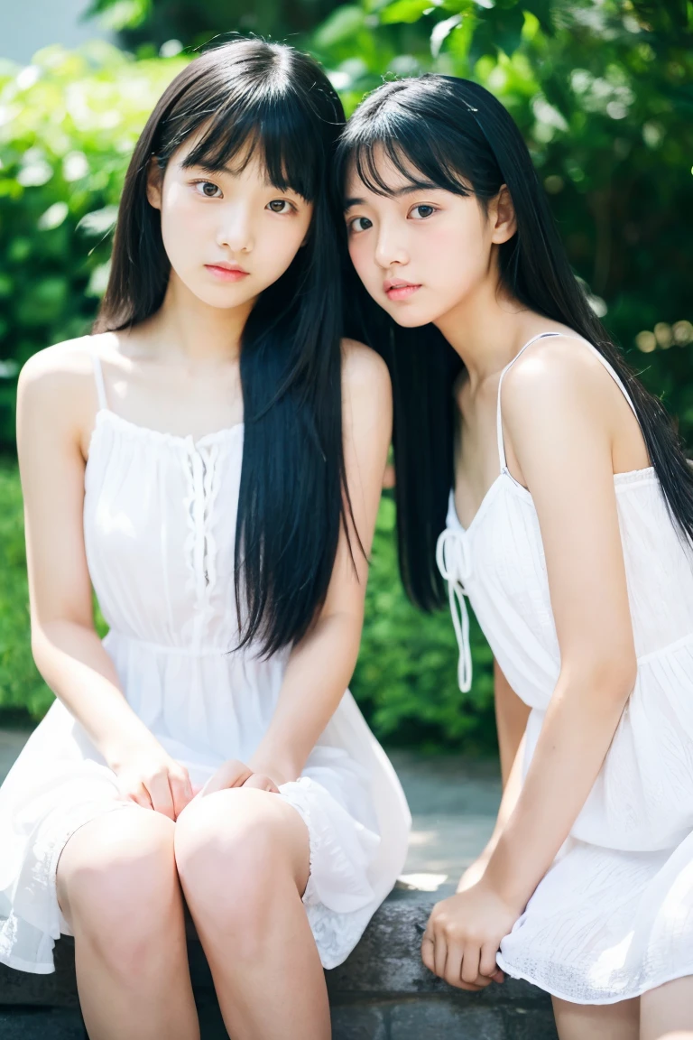 early summer、Two beautiful girls、sixteen years old、serious facial expression、Open your mouth a little、Black hair straight long hair、White summer dress、