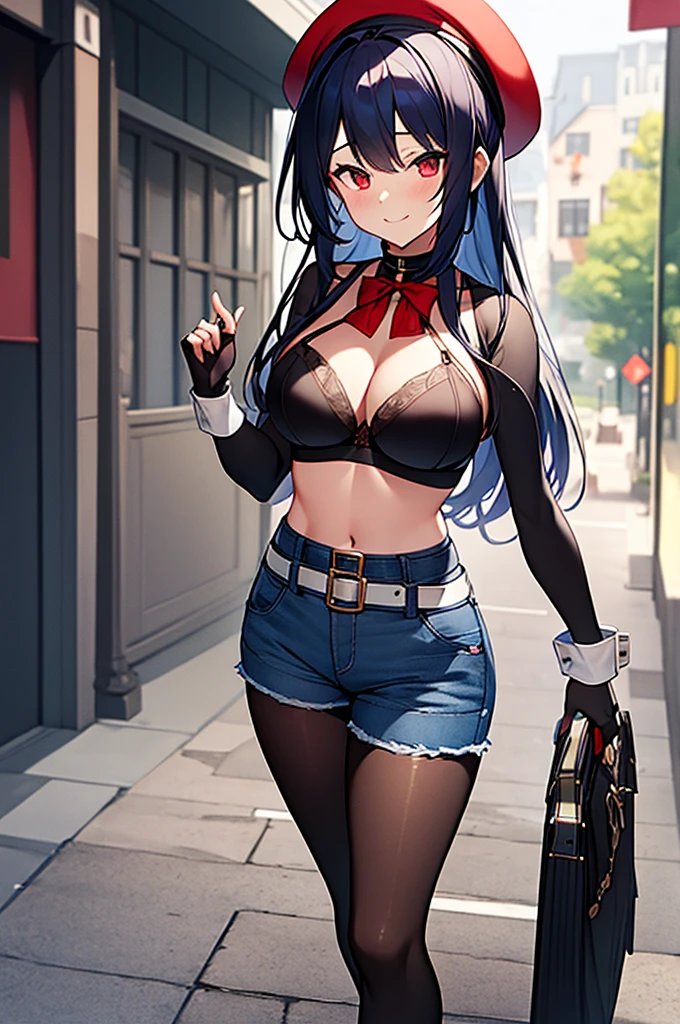 Highly detailed, High quality, masutepiece, 1 woman, walking down the street, Red eyes, Happy expression, Dark blue hair, Longhaire, Brown hose that reach above the navel, high neck tube bra, Navel Bow Style, Denim shorts with cuffs, Ankle Boots, black belt choker, Blue beret, Brown long gloves made of stockings, Finger Sticking Gloves, Chest modest, Outdoors, A clear day.
