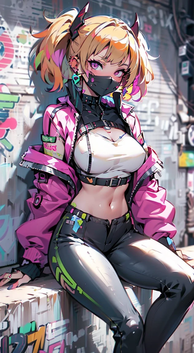 8K,Ultra Detail,ultra-quality,ultra precision,ultimate masterpiece,demon Girl,big boobs,big Thigh,bomber jacket,long leather pants,long twin tail(blond)(innercolor of pink),cool Graffiti on the wall,Cyber punk face mask,Theme of Cyber Punk,sitting cross legged,