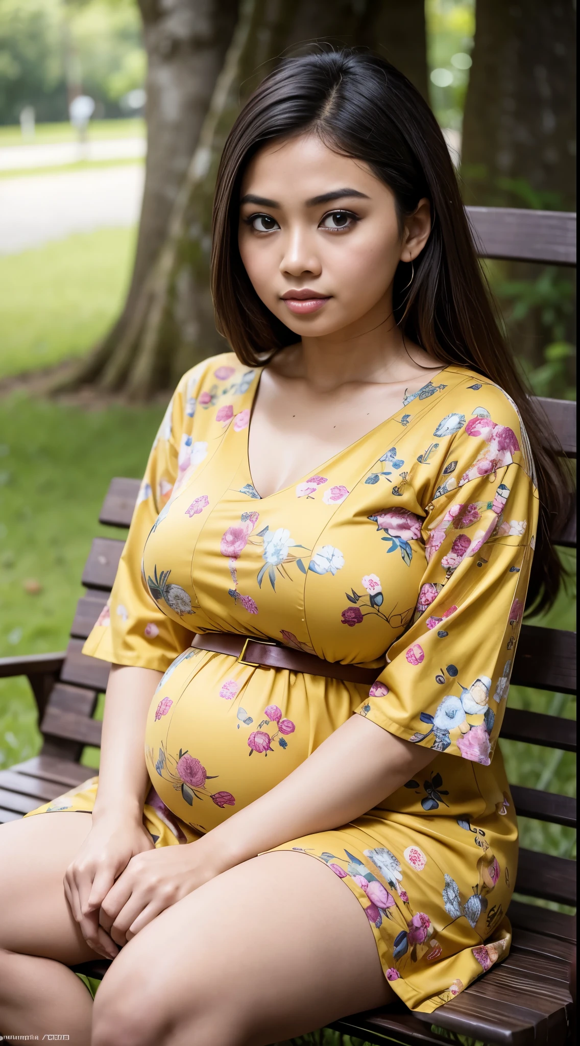 RAW, Best quality, high resolution, masterpiece: 1.3), beautiful Malay woman, Masterpiece, perfect fit body, big breasts, beautiful big eyes, long hair, brown hair, open stand, Soft smile, thick thighs, woman pregnant sitting in the park in a dark yellow floral patterned dress, she is about 2 0 years old, she is about 20 years old, pale skin Malay girl, smooth pink skin, beautiful woman, wearing a dark yellow dress, beautiful Malay woman, she is about 2 5 years old, she about 30 years old, he is about 3 0 years old
