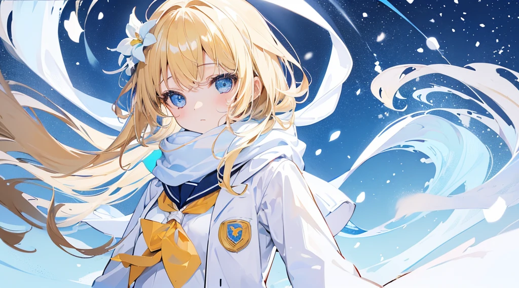 (1 girl, blonde hair, blue eyes, school uniform, white coat, blue scarf, kawaii), (snowing, blue moon, white flower field, clear air), (low contrast, flat color, limited palette)