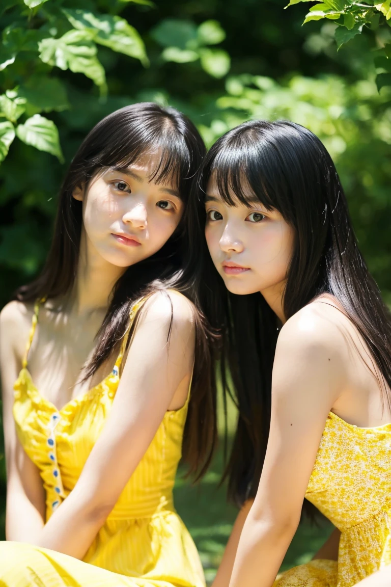 early summer、Two beautiful girls、、serious facial expression、Black hair straight long hair、White summer dress、
