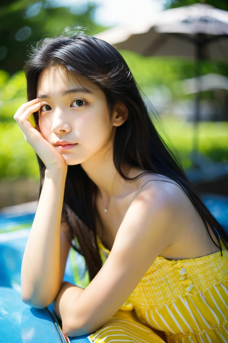lens: 135mm f1.8,(Highest quality), (Beautiful 14 year old Japanese girl), (Moist lips), Narrow eyes, double eyelid,Delicate clavicle,Flat Chest,Shortcuts,
(Let me me'Let me'Let's take another look), A faint smile, Professional Lighting,
(White camisole), (Sunburned skin:0.2),(Full body photo)、Full Body Focus、knees