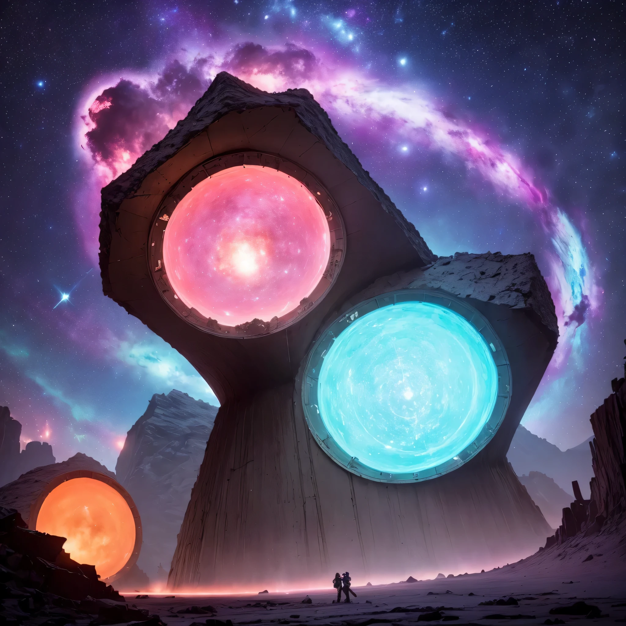 Strange photos of heavy metal planetary clouds, Electron microscopy photography, Tissue engineering, Infrared spectroscopy, Statistical mechanics, Dada Photo Montage, future proposals, Mark Caseley, quantum level ,Light orange style,Purple pink series,Alien Hexagonal Base (Nipples are very delicate) In a hexagonal mountain oasis,There are several hexagonal exhaust fans and chimneys, some neon lights project from the base,Light up the night), There are some clouds in the night sky, Some surrounding planets provide air to unknown planets,The most remote giant hexagonal volcano erupts,the rainforest