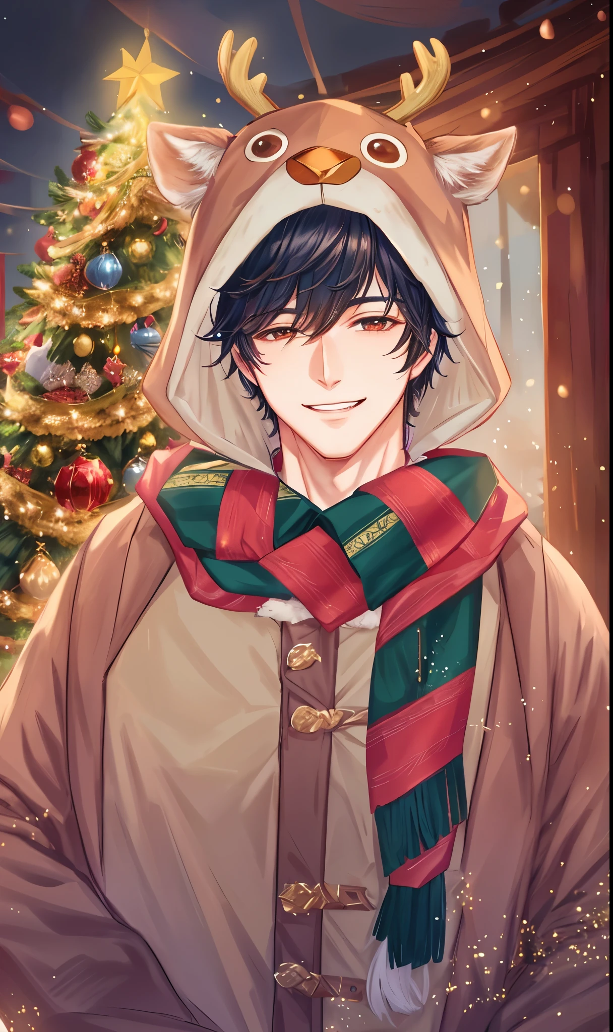 a handsome man,cool expression、The clothes are fluffy deer costumes with horns.、Reindeer costume、Very detailed CG Unity 8K wallpaper, (Super masterpiece, Beautiful person, well detailed face polluted smile, Photorealistic, hyper realisitic),Glitter backgrounds
