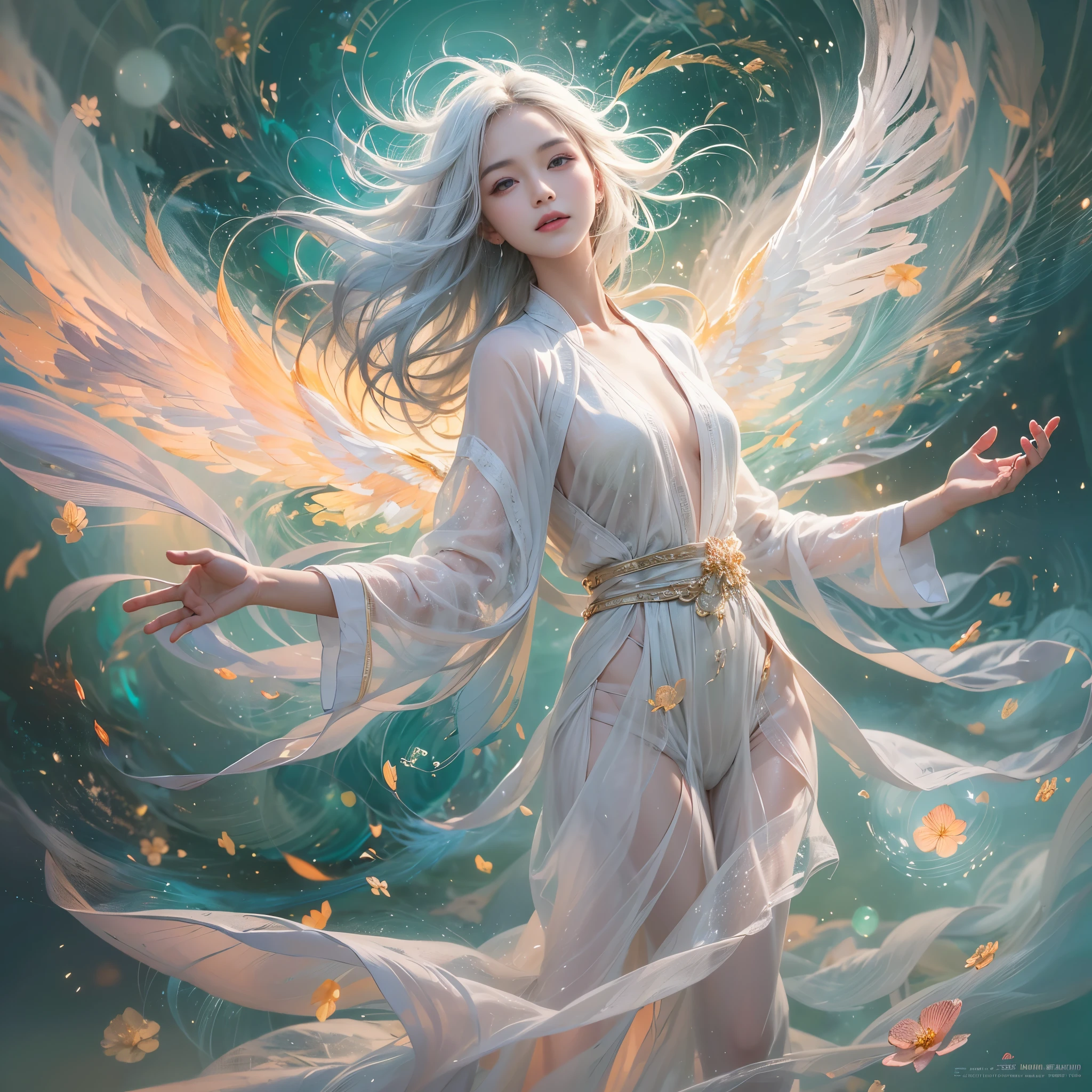 happy girl, flying poses, perfect happy face, Depict a 16-year-old gorgeous Asian figure with white hair and white angel wings, wearing a translucent and transparent ao dai adorned with ethereal light patterns. The figure is in a flying pose, embodying joy and enlightenment, with a serene smile that suggests transcendence beyond physical existence. This scene merges elements of a familiar home setting with surreal, dreamlike qualities, blurring the lines between the physical and metaphysical realms. Surround the figure with an aura of gentle, colorful light, symbolizing an awakening to a deeper truth beyond physical life. The atmosphere is filled with subtle magical elements like energy fields, sparks, lens flares, and bokeh, enhancing the theme of astral projection and spiritual transcendence. The overall scene should convey a profound sense of peace and understanding, capturing the essence of the realization that life transcends physical boundaries, embracing the concept of transformation rather than death.