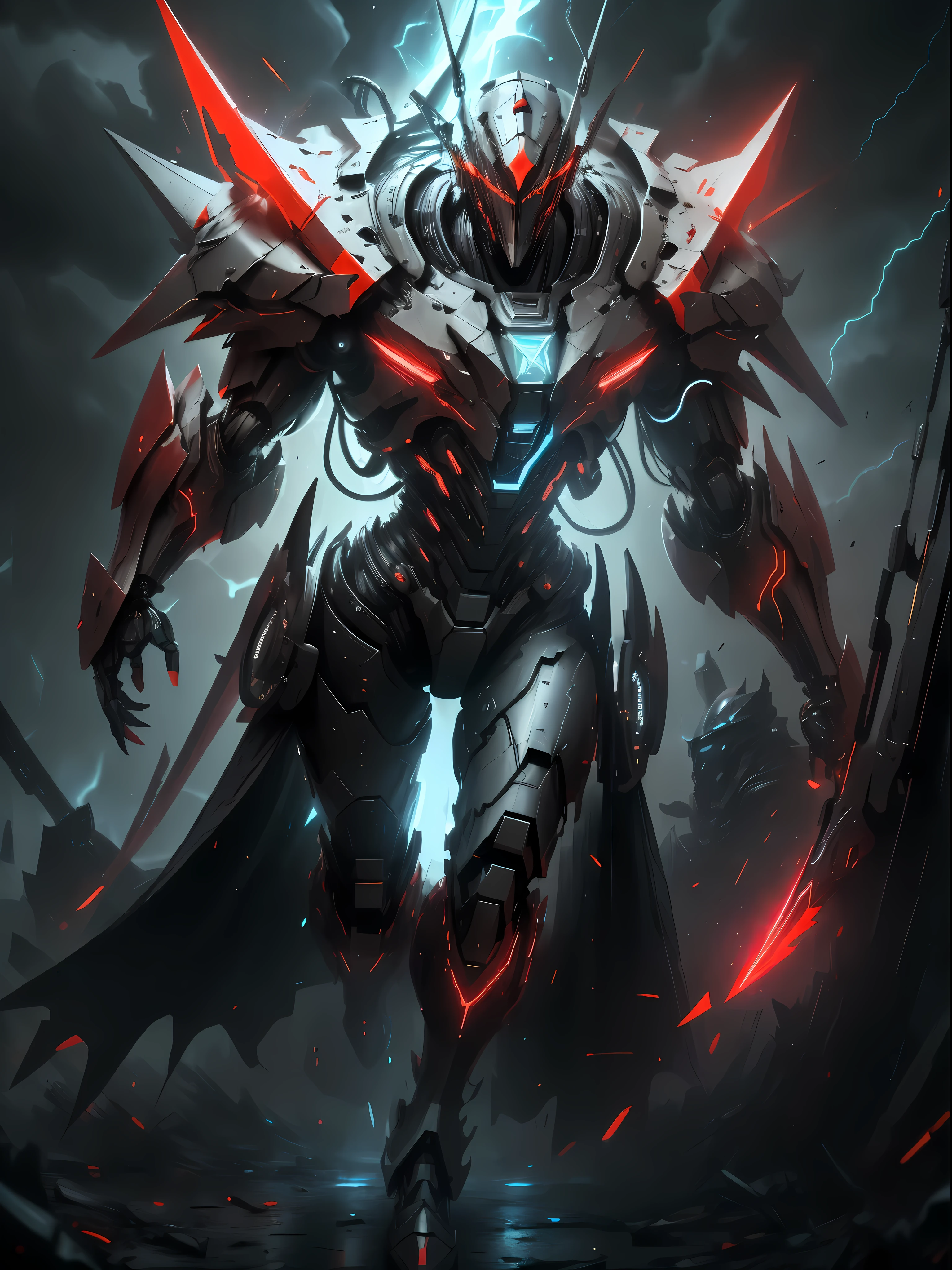 A ghost hunter in red armor, super cool ghost killer, wearing red mechanical armor, red claws, perfect body proportions, play lightning, super detail, realistic, shiny, reflective, bioluminescence, galactic cybernetic mask, mecha, (executioner: 1.2), cape, SH4G0D, GlowingRunes_red, full body, movie, dark background, backlight, high contrast, full body view, ultra-detailed, high quality, 4k, dark theme