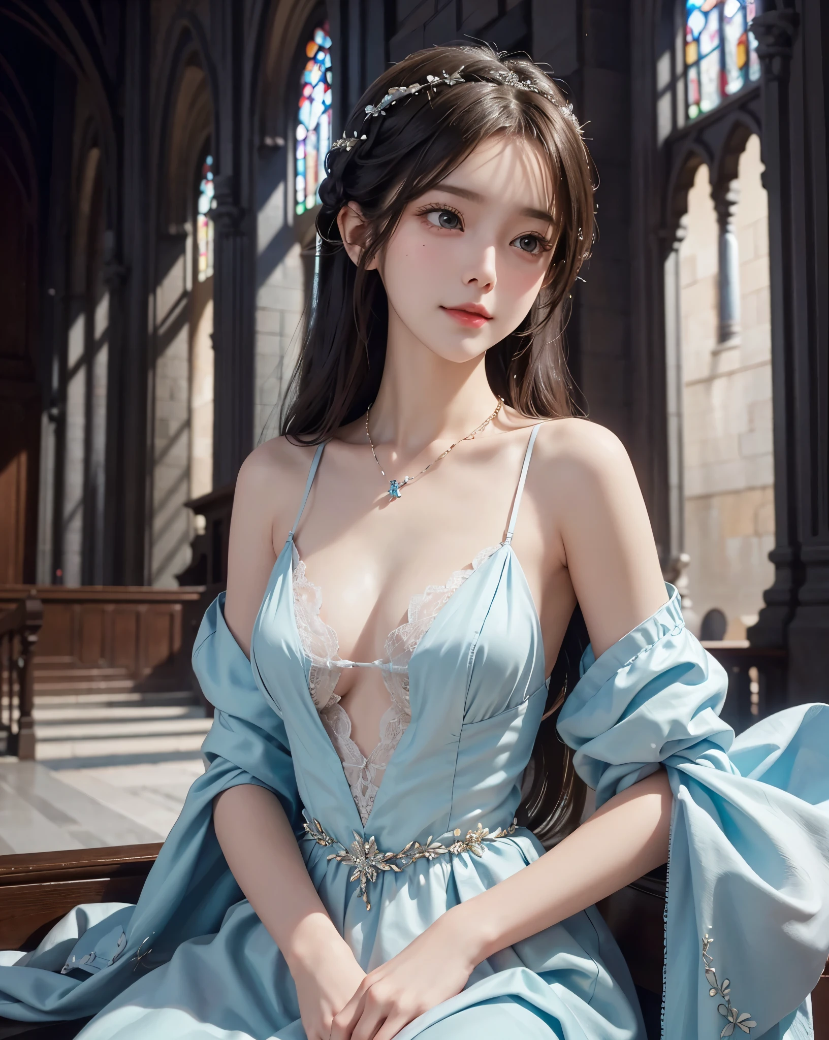 8k RAW photo、Photorealsitic、Film grain noise、Soft Cinematic Lights、small girlish face、length hair、ample boobs、Graceful pose、beautiful hair decoration、Beautiful necklaces、耳环、Clothing with intricate details、cleavage of the breast、ssmile、At the church