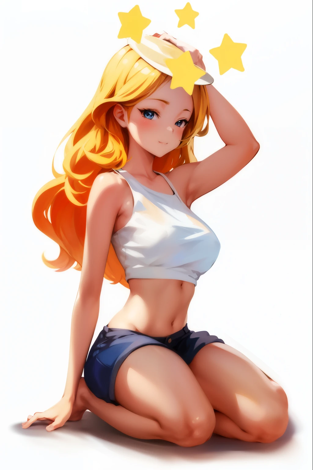 girl wearing hat sitting on the floor, drawn in anime painter studio, By Anime Painter Studio, 动漫art-style, The character is in a natural pose, art-style, cartoon digitial painting, blond girl, Digital anime illustration, Blonde long hair anime girl, low details. digitial painting, high quality 动漫art-style, Ross Painting 1. 0