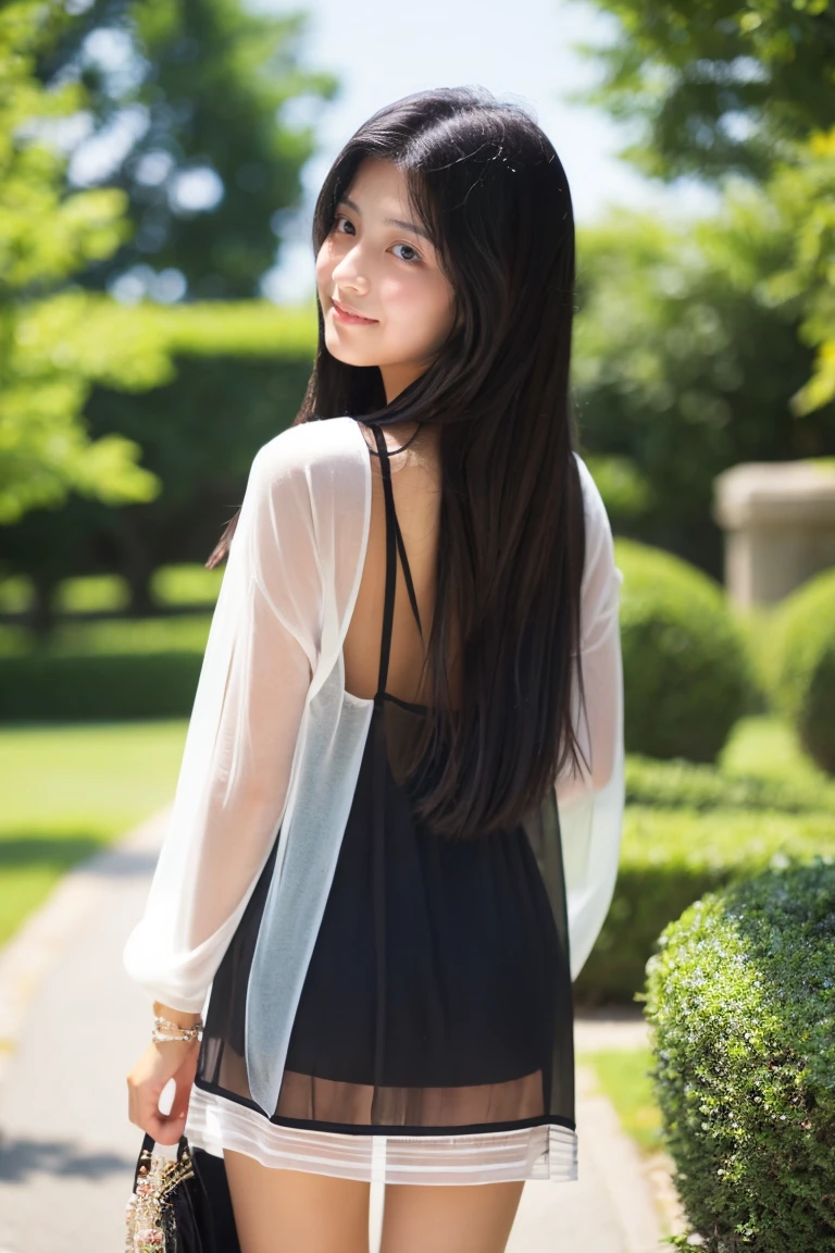 early summer、a beauty girl、14years、Black hair straight long hair、summer  dress、sheer summer cardigan、sandal、Looks Back、