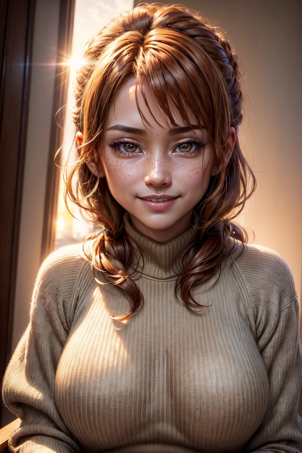 Best quality at best, 超k hd, (realisticlying:1.4),Sunset sun, 1个Giant Breast Girl, 35yo ,(Realistic face), freckle ,(brunette color hair, short detailed hair: 1.ony tails, realisticlying的眼睛, (realisticlying的皮肤), (Sweaters), detailed photograph, Smiling, sexy for, filmgrain, low-contrast, facing at the camera, closeup cleavage (tmasterpiece: 1.3), (8K, realisticlying, Best quality at best: 1.4), hoang lap, Attractive, 超高分辨率, hyper realisitc, k hd, the golden ratio