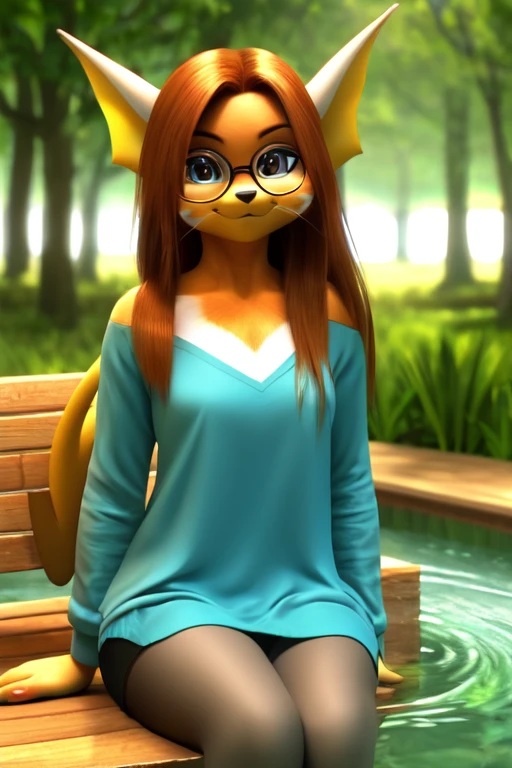 ((best quality)), ((masterpiece)), (detailed), perfect face, solo, anthro, mammal, , long hair, 3d (artwork), female, grey background, clothing, hi res, fur, background, clothed, digital media (artwork), whiskers, raichu, smile, portrait, glasses, ducks in a pond, forest, lake, sitting on a bench