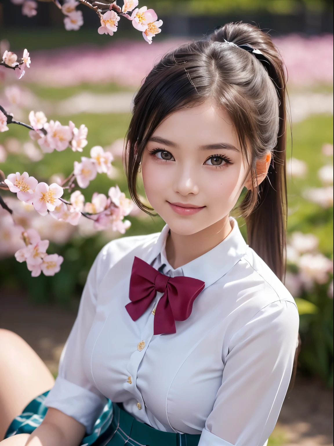 (1 young girl), ((Double ponytail hairstyle, (Highly detailed beautiful faces), Amazing faces and the most eye-catching qualities:1.4), (ultra - detailed), (extremely detaild的 CG unified 8k wallpapers), The is very detailed, High-definition RAW color photo, professional photoshooting, Realistic portraits, amazing face and eyes, a pink eyes, (high school school uniforms, Pleated mini skirt:1.3), ((high school school uniforms with open chest)), Models, Smile shyly, sitted, (Open your Lego))), depth of fields, depth of fields, ((grassy fields, flower garden)), (Surrounded by many blossoms, blossoms:1.5), evening, the sunset, (look from down:1.3),