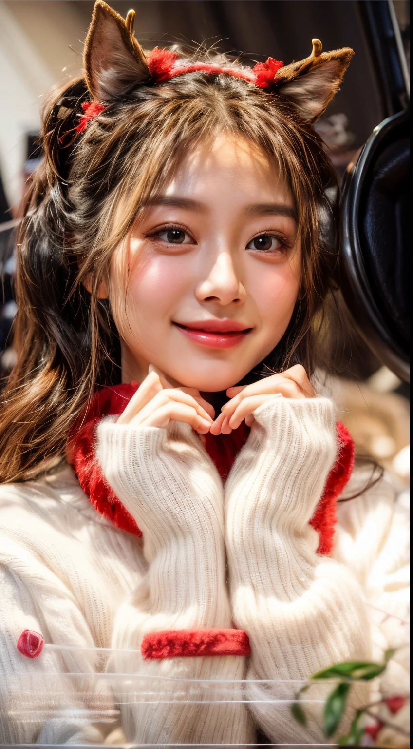 (Highest quality, 8K, Masterpiece), (Best Illustration), Very delicate and beautiful, Very detailed, CG, Unity, Amazingly fine detail, 超高分辨率, Highly detailed eyes and face, Superbly detailed eyes, (fluffy black eyes: 1.21), (Best shadows: 1.1), (Photorealistic: 1.1), Realistic face proportions, (Makeup: 0.4), Handsome woman, Solo, (( Big breasts)), (Deep cleavage), (Slim figure), smiling at viewer, (cropped shoulders: 1.5)), Wet skin, Dark brown hair, Earrings, (cowboy lens: 1.3), (irregular skin imperfections, venat, Skin Wrinkles: pores: 1.1), (woods: 1.3), (Bokeh: 1.4)