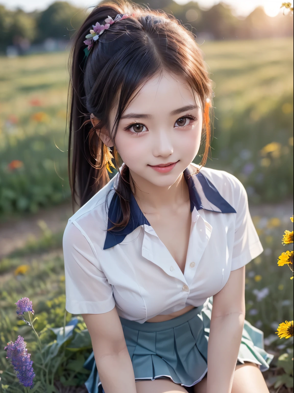 (ung girl), ((Double ponytail hairstyle, (Highly detailed beautiful faces), Amazing faces and the most eye-catching qualities:1.4), (ultra - detailed), (extremely detaild的 CG unified 8k wallpapers), The is very detailed, High-definition RAW color photo, professional photoshooting, Realistic portraits, amazing face and eyes, a pink eyes, (high school school uniforms, Pleated mini skirt:1.3), ((high school school uniforms with open chest)), Models, Smile shyly, sitted, (((bokeh))), depth of fields, depth of fields, ((grassy fields, flower garden)), (Lots of wildflowers:1.5), evening, the sunset, (look from down:1.2),