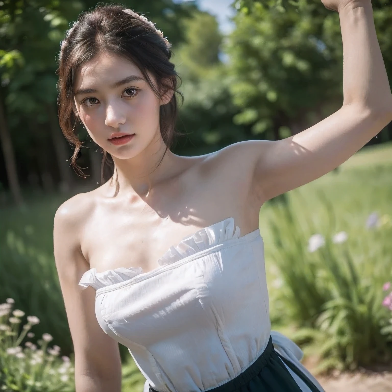 (a young maid wearing sleeveless dirndl, strapless, presenting armpit, detailed face, fresh-faced), glossy skin, teardrop breasts, no-makeup, (best quality,4k,8k,highres,masterpiece:1.2), ultra-detailed, (realistic,photorealistic,photo-realistic:1.37), HDR, vivid colors, with soft natural lighting