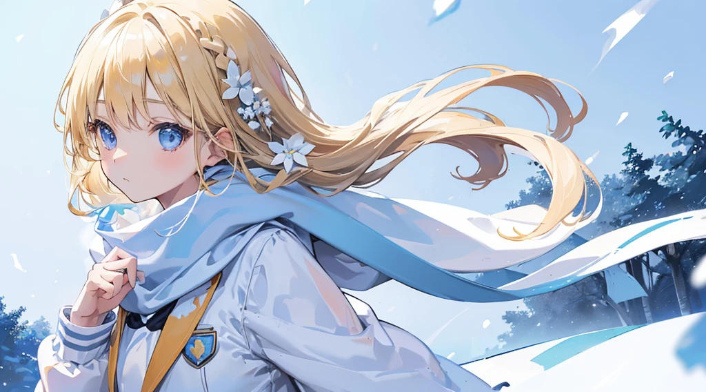 (1 girl, blonde hair, blue eyes, school uniform, white coat, blue scarf, kawaii), (snowing, blue moon, white flower field, clear air), (low contrast, flat color, limited palette)