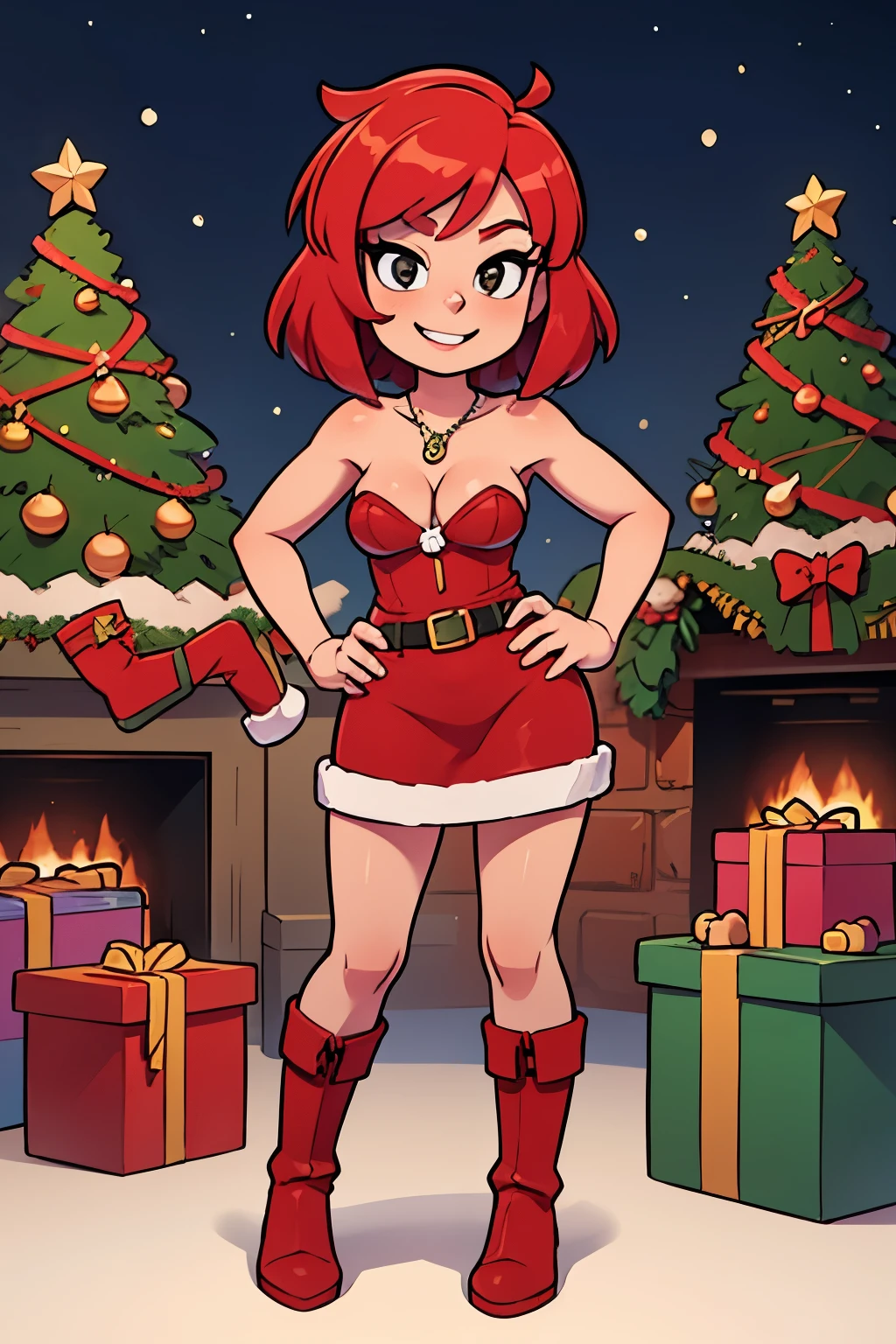 Masterpiece, best quality , nishikino maki, red hair, short hair, bob cut, black eyes, short red bodycon dress, red dress, strapless, sleeveless, red santa dress, red boots, smile, standing up, hands on hips, mistletoe on top, cleavage, necklace, elegant, Christmas lights, Christmas party, inside the mansion background, llchar
