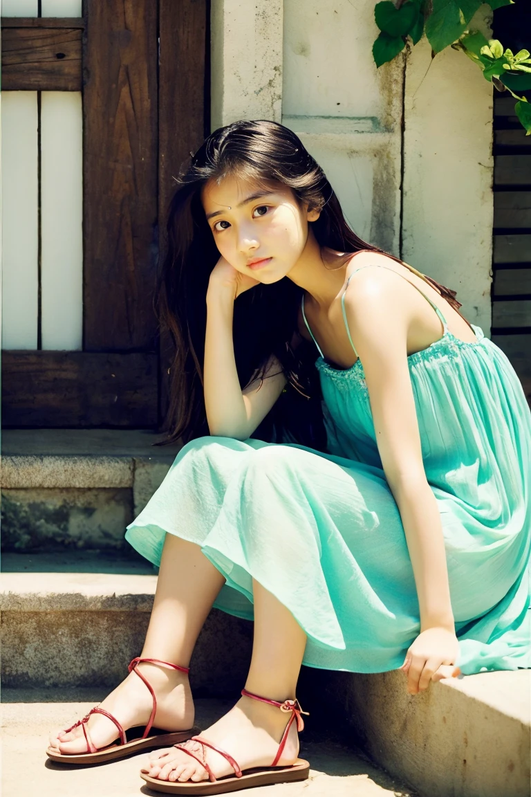 early summer、Two beautiful girls、sixteen years old、Wistful expression、color summer dress、sandal、