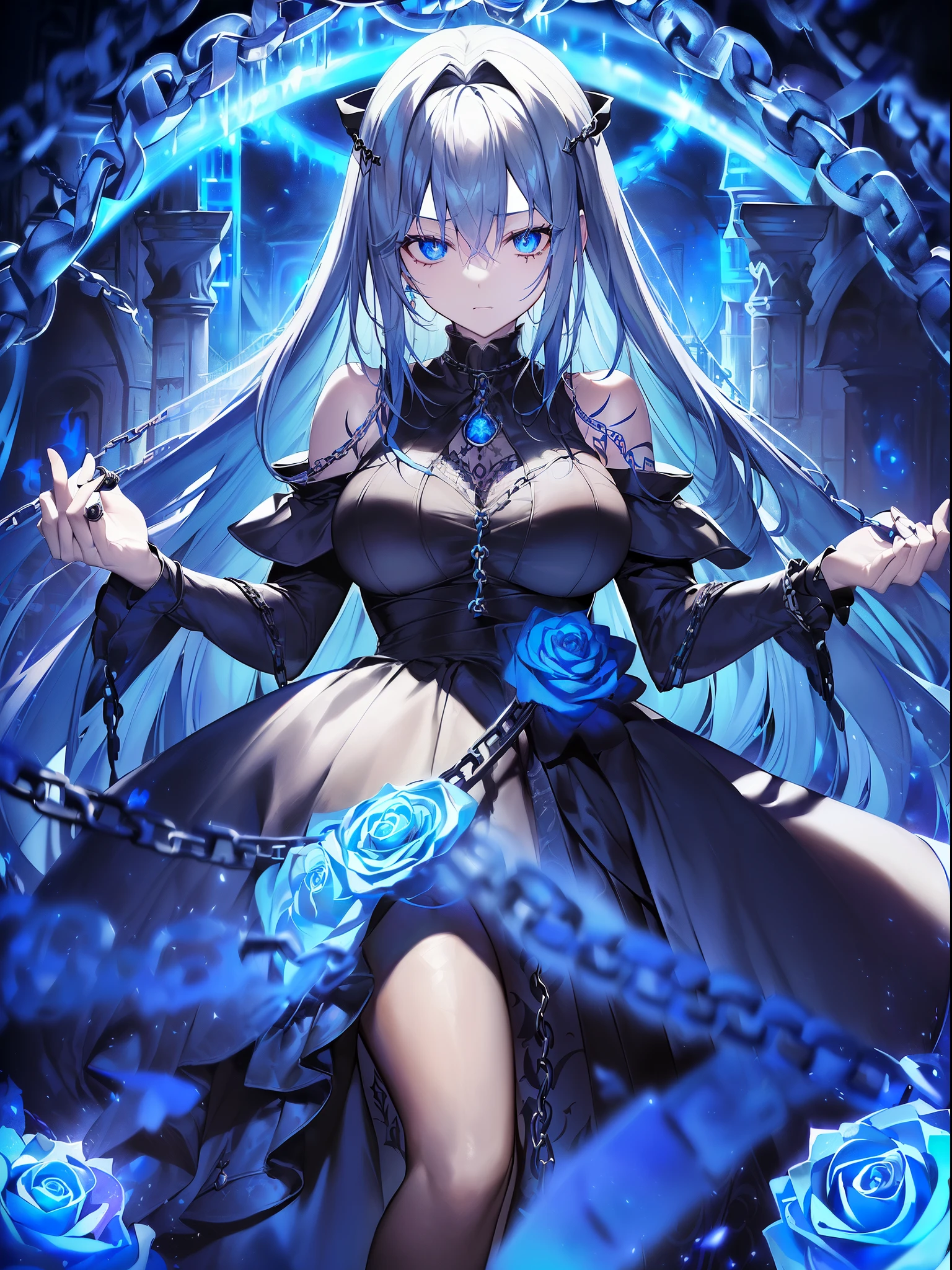 top-quality、Top image quality、​masterpiece、girl with((18year old、dark outfit、prisoner、 Best Bust、Bust 85、a blond、Semi-long、Blue eyes、open chest wide、Valley、Happiness、A slender、Provocative behavior、Evil face、Handcuffed、High laughter、Skull Tattoo、Tattoo of roses、Targeting your audience、Tighten blue rose hair、Black aura,Dark Forces,blue flames、Chain Accessories)）hiquality、Beautiful Art、Background with((prison、Dark impression、House of Darkness、many chains))、masutepiece、Elaborate design、visualart、dark art