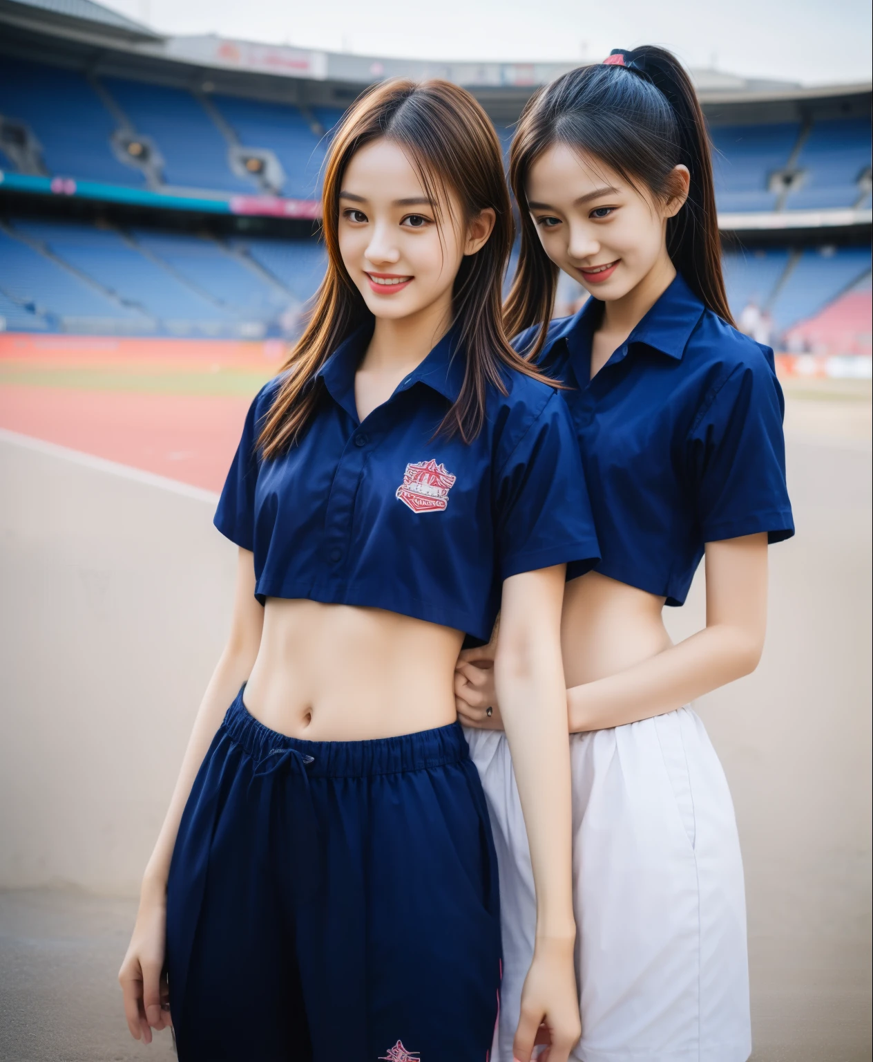 2 girls walking in school yard,white plain long t-shirt with red piping trim,red speedo briefs,18-year-old,bangs,a little smile,thighs,knees,low pigtails with barrette,from below,front light