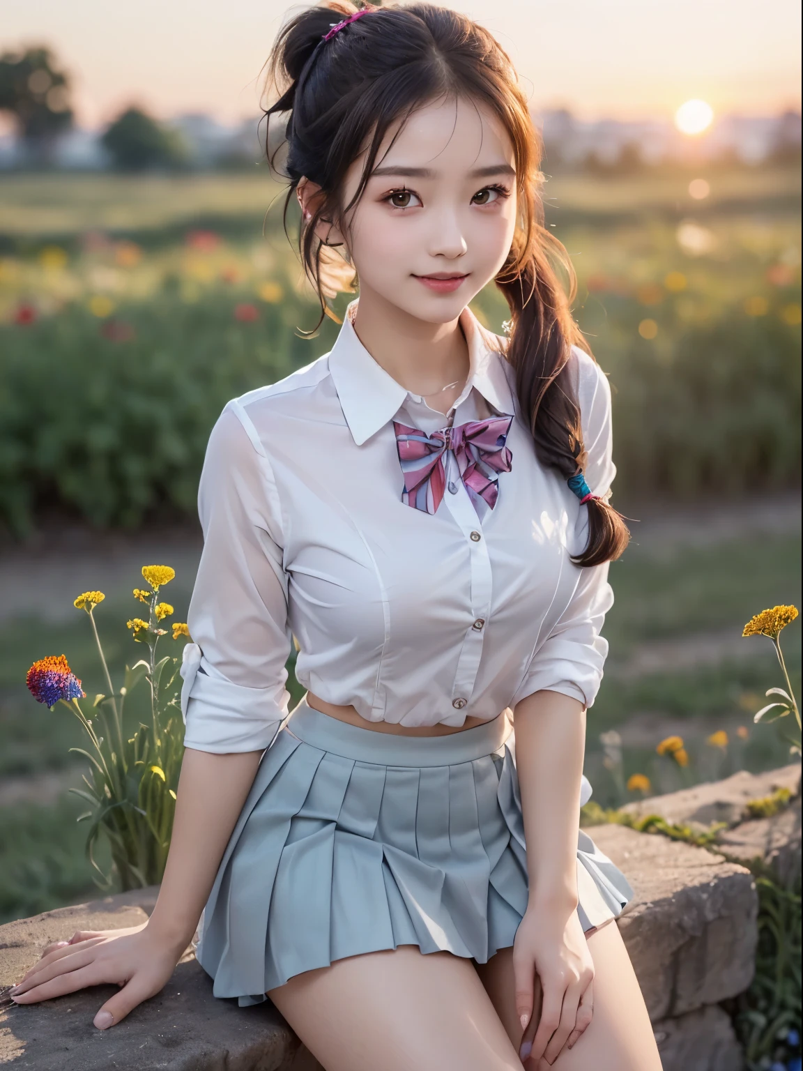(1 young girl), ((Double ponytail hairstyle, (Highly detailed beautiful faces), Amazing faces and the most eye-catching qualities:1.4), (ultra - detailed), (extremely detaild的 CG unified 8k wallpapers), The is very detailed, High-definition RAW color photo, professional photoshooting, Realistic portraits, amazing face and eyes, a pink eyes, (high school school uniforms, Pleated mini skirt:1.3), ((high school school uniforms with open chest)), Models, Smile shyly, sitted, (((bokeh))), depth of fields, depth of fields, ((grassy fields, flower garden)), (Lots of wildflowers:1.5), evening, the sunset, (look from down:1.2),
