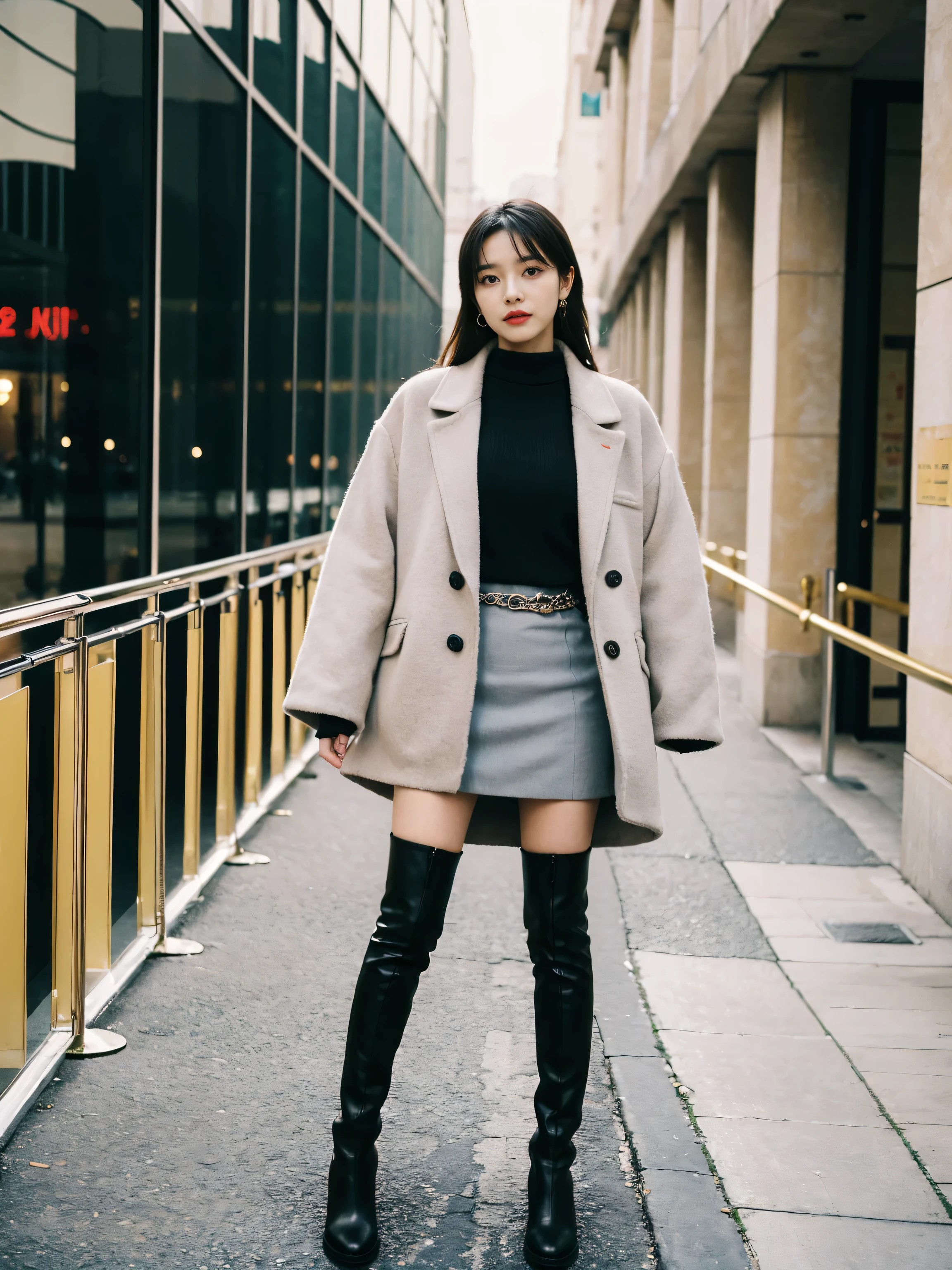 Best quality at best,tmasterpiece,超高分辨率,(actual:1.4),RAW photogr,hyper HD,8K,There is one girl,Stylish clothes,Chanel style,Stylish skinny suit, wearing jacket and skirt,high-class fashion,ellegance, short skirt and a long jacket, tigh-high boots,Over-the-knee boots,Casual pose,legs long