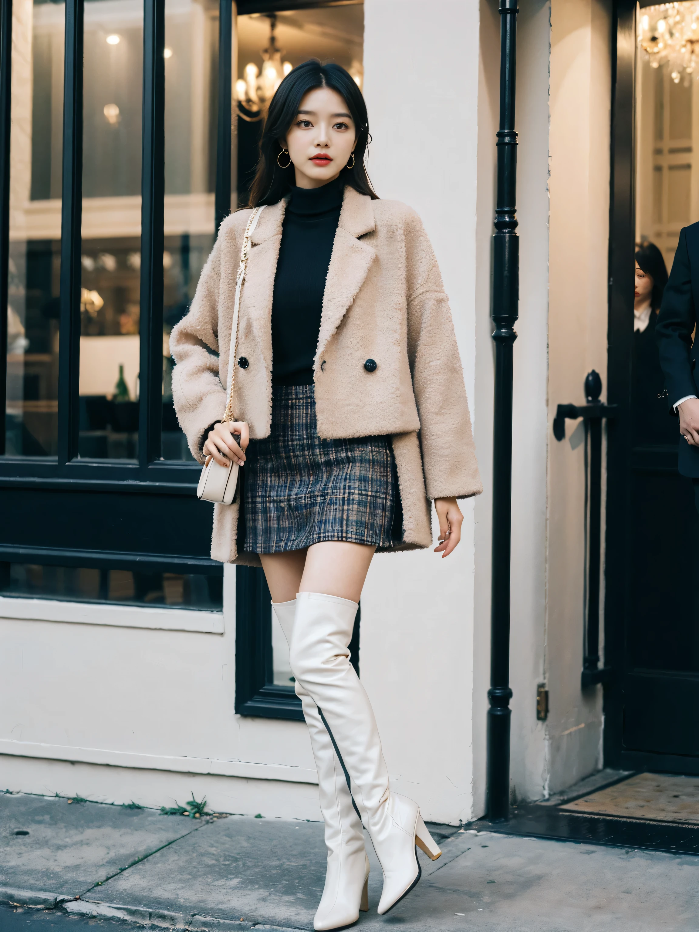 Best quality at best,tmasterpiece,超高分辨率,(actual:1.4),RAW photogr,hyper HD，8K，There is one girl，Stylish clothes,Chanel style，Stylish skinny suit, wearing jacket and skirt,high-class fashion，ellegance, short skirt and a long jacket, tigh-high boots，Over-the-knee boots，Casual pose，legs long