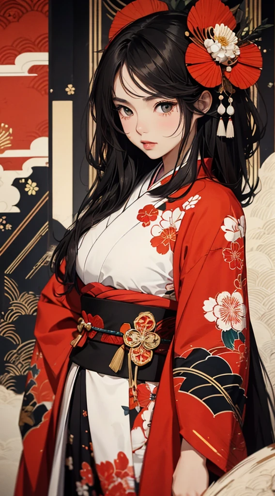 ((8k wallpaper of extremely detailed CG unit, masterpiece, hight resolution, top-quality, top-qualityのリアルテクスチャスキン)), (a very beautiful woman, Seductive look, Plump lips, The upper part of the body, Hands in pockets:1.5, Japanese pattern micro mini shorts:1.2, Japanese pattern haori:1.2, Clothes that are a fusion of Japanese and modern:1.2), (A dark-haired, hair messy, de pele branca, small tit), ((Colorful background with geometric patterns, Japanese pattern background, warm color)), (Composition from the side, hyper realisitic, digitial painting),
