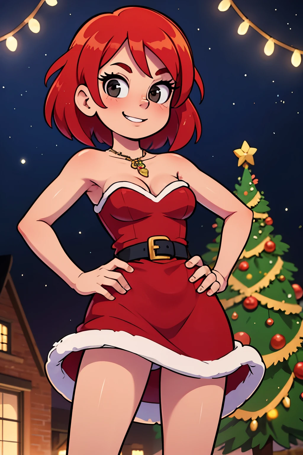 Masterpiece, best quality , nishikino maki, red hair, short hair, bob cut, black eyes, red dress, one piece dress, sleeveless, red santa dress, smile, standing up, hands on hips, mistletoe on top, cleavage, necklace, elegant, Christmas lights, Christmas party, inside the mansion background, llchar