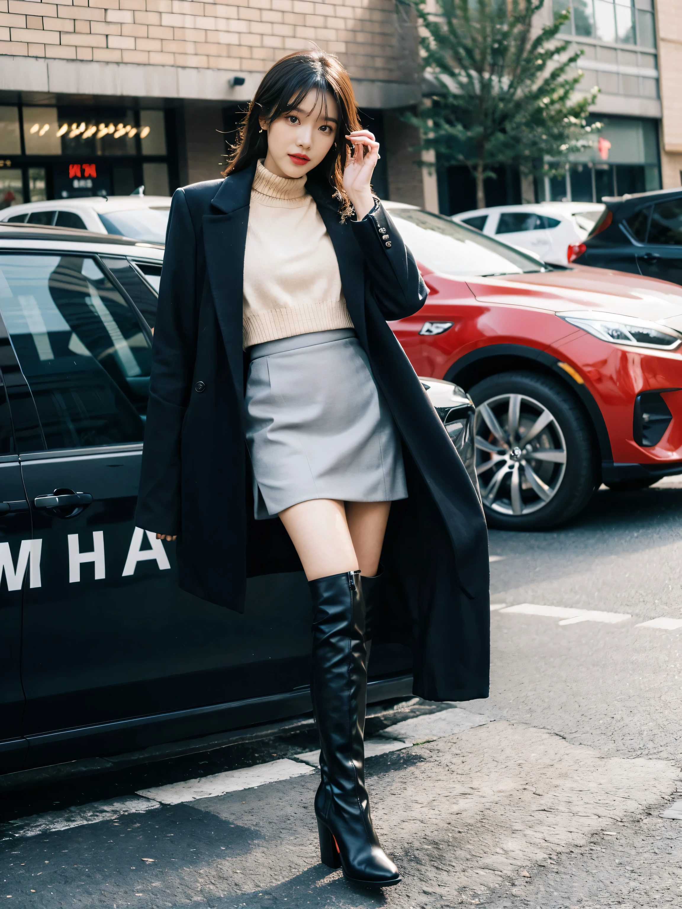 Best quality at best,tmasterpiece,超高分辨率,(actual:1.4),RAW photogr,hyper HD,8K,There is one girl,Stylish clothes,Chanel style,Stylish skinny suit, wearing jacket and skirt,high-class fashion,ellegance, short skirt and a long jacket, tigh-high boots,Over-the-knee boots,Casual pose,legs long