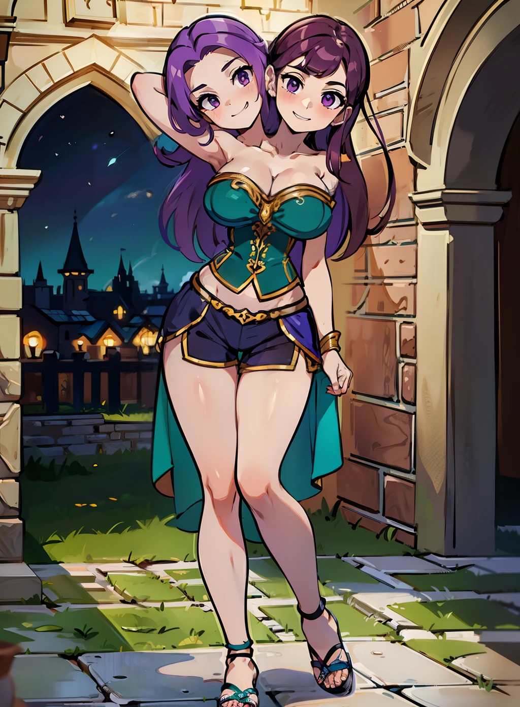best quality, (masterpiece),(ultra-detailed), (high quality), (high resolution), (2heads:1.5), (purple hair), (brown hair), large breasts, shorts , full body,best quality:1.5, highres, UHD, 4K), medieval outfit, smiling, turquoise shirt), wearing sandals, medieval castle background, ((full body)), ((seductive pose)), detailed eyes, (mature woman)