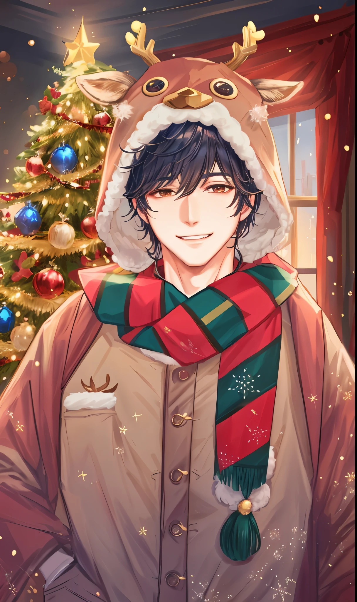 a handsome man,cool expression、The clothes are cute fluffy deer costumes with horns.、cute reindeer costume、Very detailed CG Unity 8K wallpaper, (Super masterpiece, Beautiful person, well detailed face polluted smile, Photorealistic, hyper realisitic),Glitter backgrounds