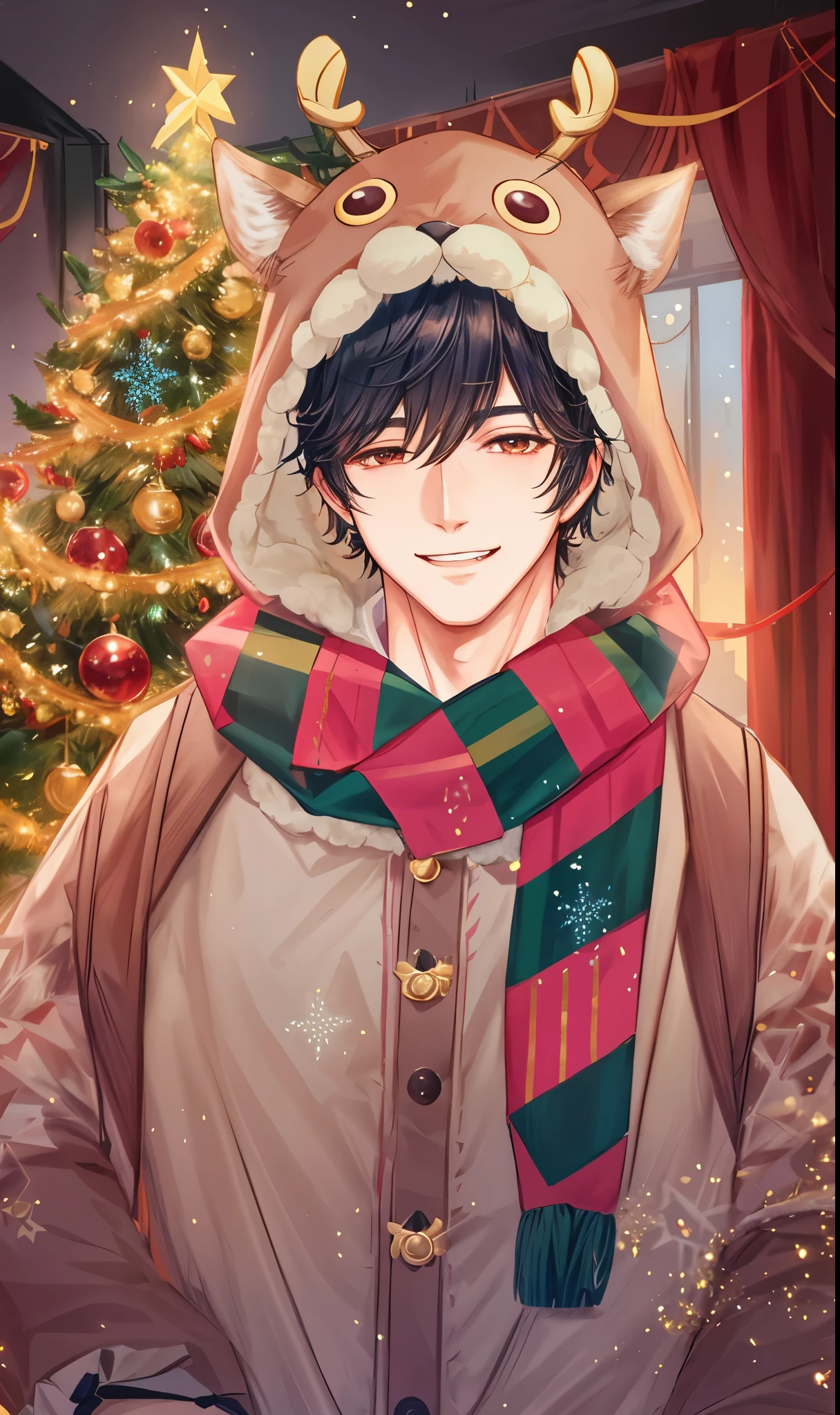 a handsome man,cool expression、The clothes are cute fluffy deer costumes with horns.、cute reindeer costume、Very detailed CG Unity 8K wallpaper, (Super masterpiece, Beautiful person, well detailed face polluted smile, Photorealistic, hyper realisitic),Glitter backgrounds