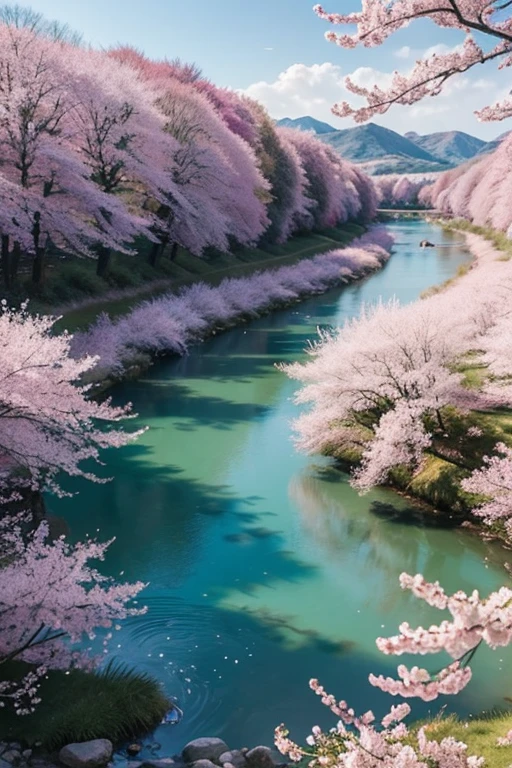 Draw a river with a small village, anime beautiful peace scene, very beautiful landscape, landscape artwork, landscape art detail, very beautiful digital art, beauty of natural landscape, beautiful art UHD 4 K, very beautiful photos, beautiful nature, landscape wallpaper, really beautiful nature, beautiful digital artwork, beautiful background, cherry blossom trees, anime style